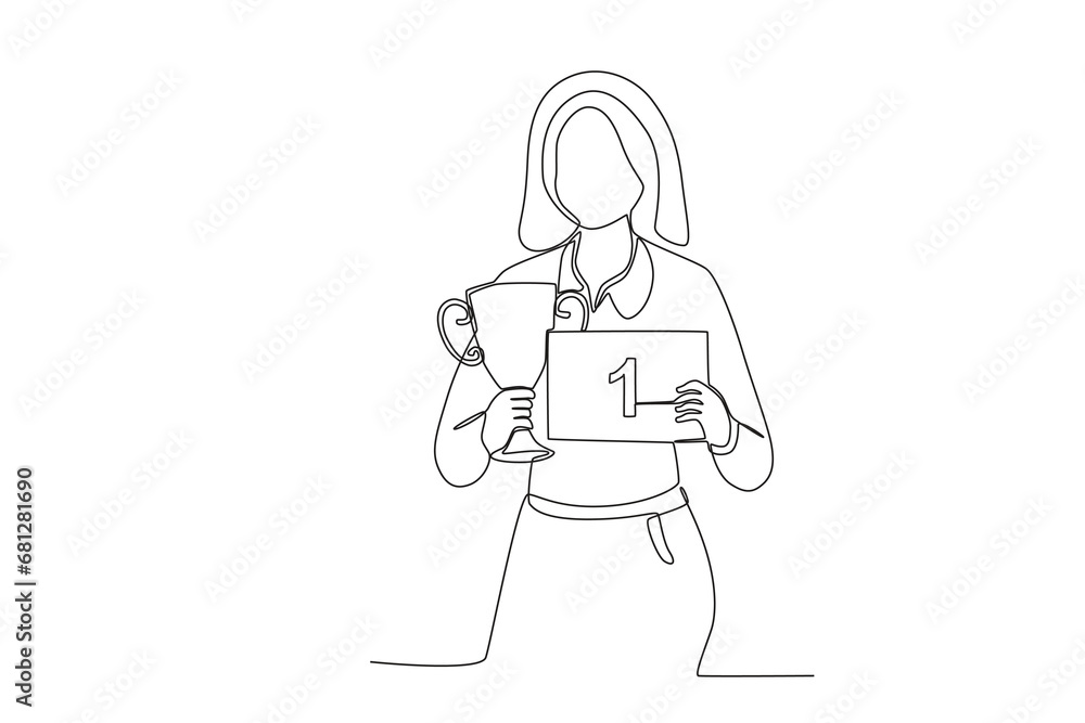 Single continuous line drawing of a top female employee holding a trophy and certificate. Single line drawing design vector illustration
Single continuous line drawing of a top female employee holding a trophy and certificate. Single line drawing design vector illustration