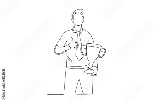 Continuous one line drawing, best male employee giving thumbs up sign holding trophy. Single line draw design vector illustration
hands with the best female employee. Single line draw design vector