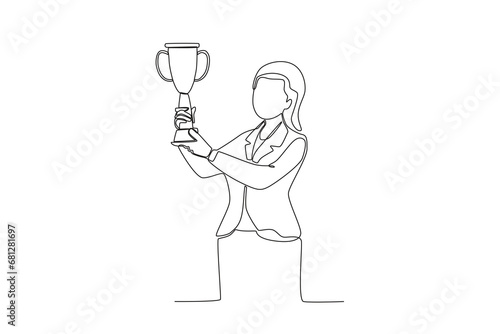 Wallpaper Mural Continuous one line drawing the best female employee is lifting the trophy. Single line draw design vector illustration
 Torontodigital.ca