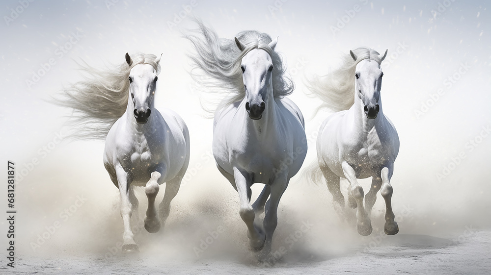 Fototapeta premium three unusual fairytale running horses, in a dynamic pose
