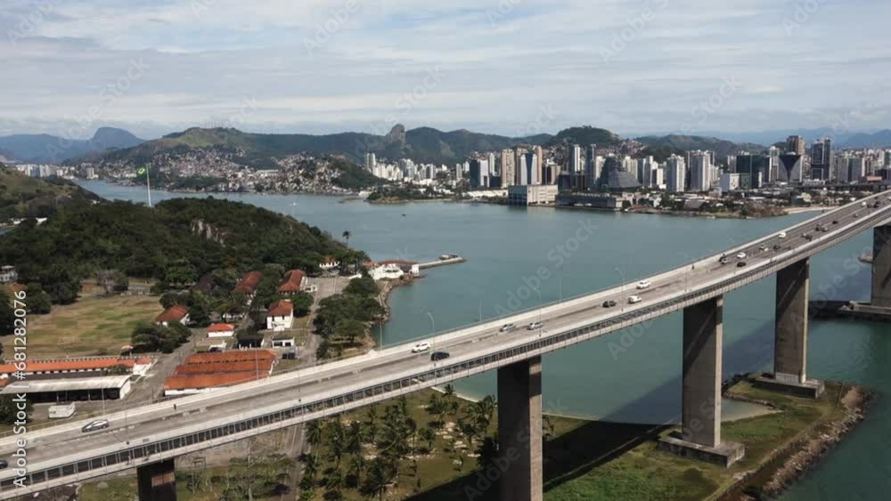 panning right of the Penha Monastery and the Third Bridge in Vila Velha, ES, Brazil. Panoramic aerial panning right of the Penha Monastery and the Third Bridge in Vila Velha, ES, Brazil. Panoramic aerial