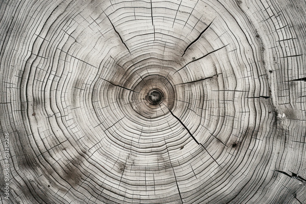Detailed black and white photo of tree rings, highlighting nature's intricate patterns. 