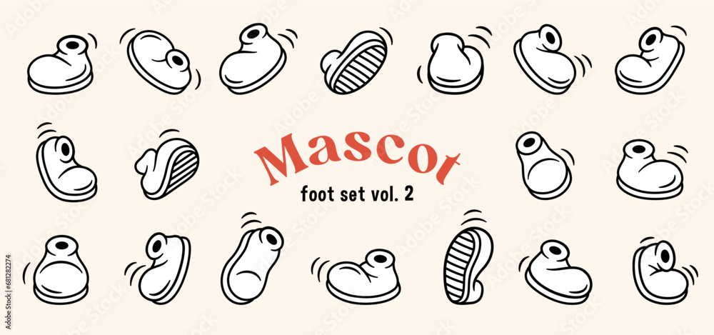 Vintage retro boot vector collection. Cartoon shoes. Isolated footwear, step movements, 1920 to 1950s style lllustrations.