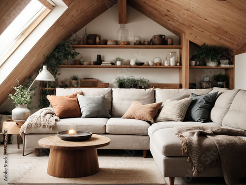 Modern living room, Living room interior, Corner sofa against shelving unit, Scandinavian home interior