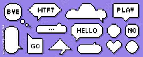Pixel speech bubbles with worlds. Vector dialogue boxes. Chat speech or dialogue. Set of empty pixelated speech bubbles.