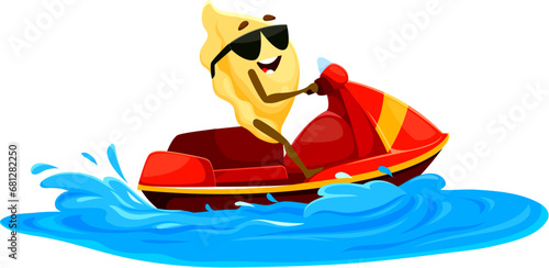 Cartoon cheerful Orecchiette pasta character on summer beach vacation and sports. Vector personage joyfully rides a water bike, splashing through waves, with a big smile enjoying the wind and ocean