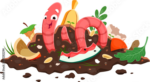 Cartoon earth worm in compost soil. Farming and gardening natural fertilizer, agriculture soil renewal, environment and ecology organic waste recycling vector concept with earth worm funny personage