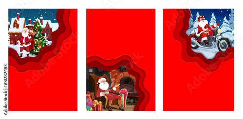 Christmas paper cut posters. Cartoon vector holiday card templates with Santa with gifts bag near decorated pine tree snowy in town, funny Father Noel riding bike in forest and sitting at fireplace