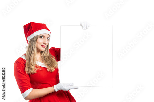 Young blonde mama noel showing a sign with copy space isolated on white background photo