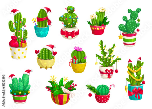 Christmas prickly cactuses and Mexican succulents, adorned with festive ornaments and lights, their vibrant blooms contrasting beautifully with holiday decorations, creating a unique seasonal display photo