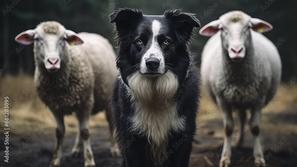 Working Dog Border Collie and Two Sheep in the Field Working Dog Border Collie and Two Sheep in the Field