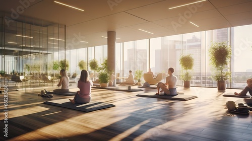 A dynamic team from a corporate office engaging in a group yoga session, promoting well-being, team bonding, and mindfulness in the workplace. Generative AI. photo