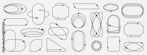 Minimalistic linear frames, arches, elements, stars, geometric shapes and lines. Aesthetic arched frames for poster design, vector set in modern style.