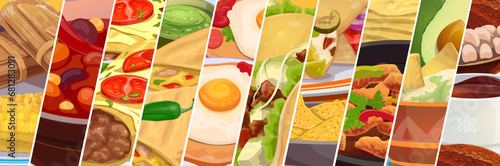 Tex mex mexican cuisine food collage. Vector Mexico meal, spicy taco, burrito, nachos and quesadilla with guacamole, chili beans, chicken fajitas and corn tamale, hot chocolate and enchilada dishes