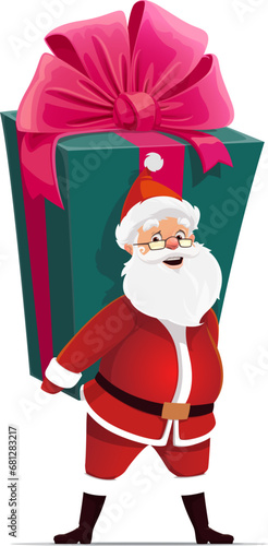 Cartoon Christmas Santa with big gift box. Christmas greeting, merry Xmas festive or happy New Year holiday isolated vector happy personage. Winter season celebration Santa Claus cheerful mascot