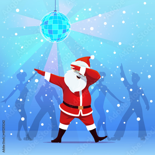 Dab dance, cartoon Santa dancing on Christmas party. Funny Santa Claus vector character dabbing on nightclub dance floor with dancing people silhouettes, disco ball, lights. Merry Xmas greeting card photo