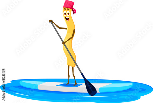 Cartoon all nuovo cheerful pasta character on summer beach vacation and sports. Isolated comical noodle riding sup board in ocean during coastal holiday. Funny personage having fun at seaside resort