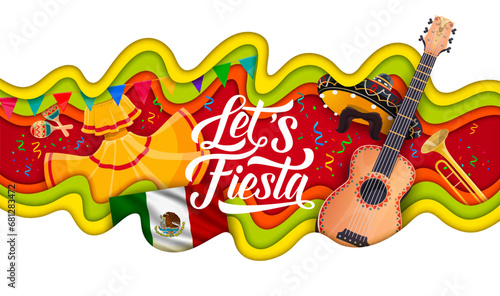 Mexican fiesta party banner with paper cut waves and musical instruments. Cinco de Mayo ethnic party, fiesta papercut vector background with flamenco dancer dress, guitar, trumpet and sombrero, flag