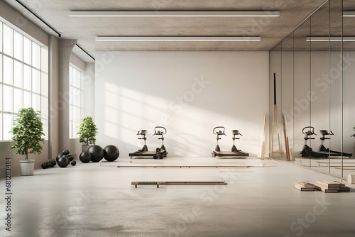 A spacious and well-equipped home gym with a treadmill, dumbbells, and yoga mat. The treadmill is the focal point of the room, with its large running surface and variety of features.
