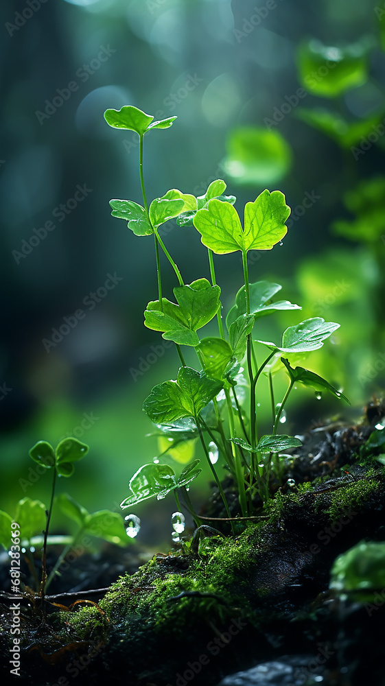 vertical background green forest, dew drops and wet rain on young leaves and shoots in the depths of the green forest of the wild vertical background green forest, dew drops and wet rain on young leaves and shoots in the depths of the green forest of the wild