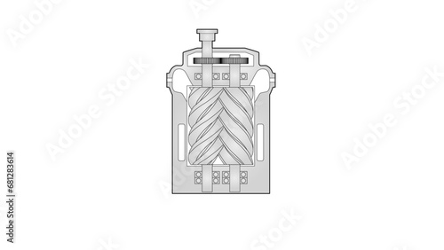 Screw compressor vector drawing showing rolling element bearings and coupling flange