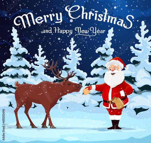 Cartoon Christmas Santa feeds a deer at winter forest. Vector whimsical scene with funny Noel personage lovingly feeding a gentle reindeer, their bond of kindness radiating warmth amidst the snow