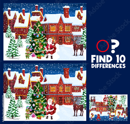 Christmas kids game find ten differences in winter town. Vector worksheet with cartoon Santa Claus and elf helper characters near decorated holiday pine tree in snowy countryside recreational riddle