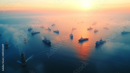large sea transport ships aero view, caravan, group of several vessels on the roadstead