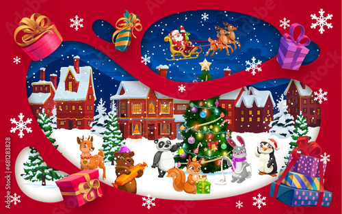 Christmas paper cut winter town, Santa on sleigh and cartoon animals near holiday pine tree. Vector 3d papercut double exposition frame with Father noel flying on sled, penguin, bear, deer and bunny