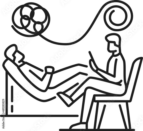 Psychotherapy, mental health icon. Human psychology, mental disorder problem and psychotherapy help thin line vector icon or pictogram with patient and doctor having conversation on therapy session