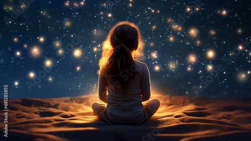 baby girl view from the back, sitting against the background of the night starry sky, dream, fantasy imagination bedtime story for daughter photo