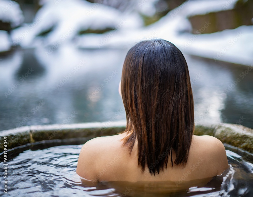  雪景色のきれいな温泉に浸かっている日本人女性の後ろ姿
