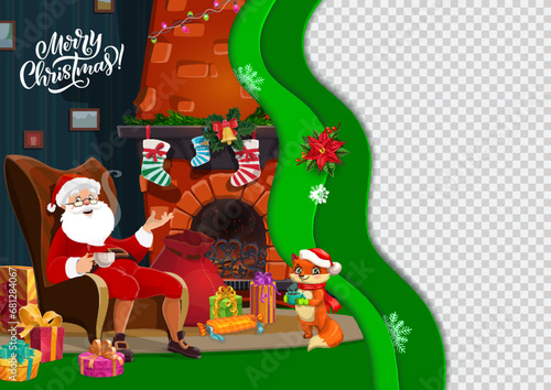 Christmas paper cut with Santa and fox near holiday fireplace. Happy New Year celebration background, winter season greeting 3d vector greeting card with Santa character in chair, gift and cute animal