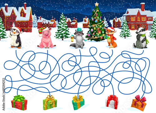 Christmas labyrinth maze help to funny animals find gifts. Kids vector board game worksheet with cartoon badger, pig, fox, raccoon and penguin searching right way to presents in winter snowy town