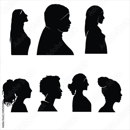Head silhouettes. Female faces portraits, anonymous person head silhouette illustration set. People profile and full face portraits