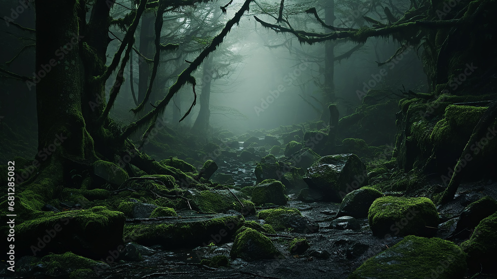 art misty green dense forest, a gloomy dream in the wild thicket of the forest art misty green dense forest, a gloomy dream in the wild thicket of the forest