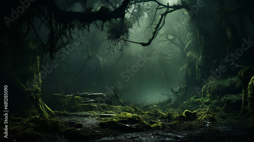 art misty green dense forest, a gloomy dream in the wild thicket of the forest © kichigin19