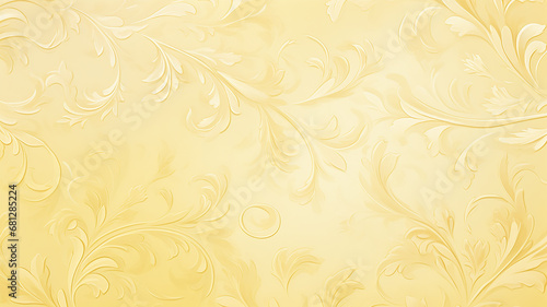 yellow delicate background with vintage floral wallpaper ornament on the wall copy space blank, warm glowing shades