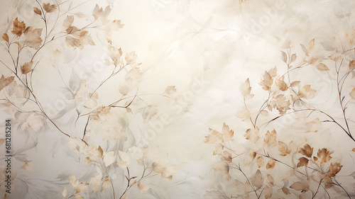 backdrop is a beige delicate background with a frame of floral ornament, warm parchment color and autumn tree branches