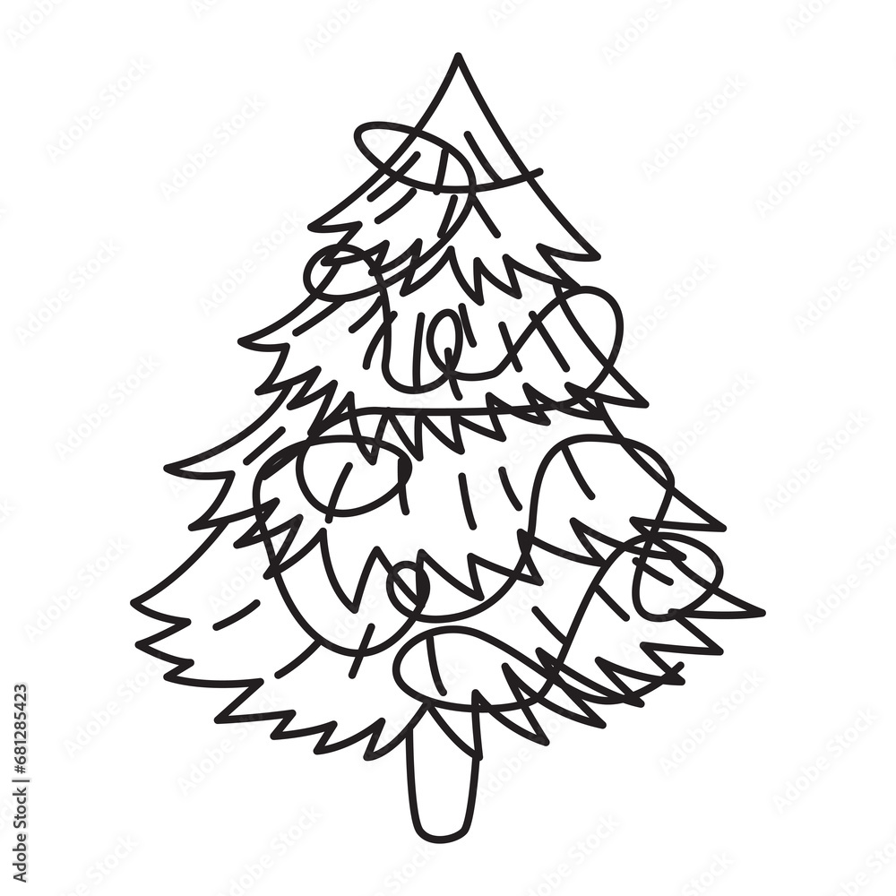 Christmas tree outline with transparent background, suitable for icon, coloring book and graphic design element