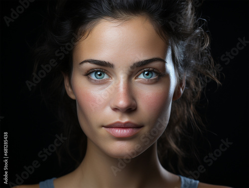 close-up portrait of a young woman with blue eyes and clear skin on a black background. beauty and skin care concept