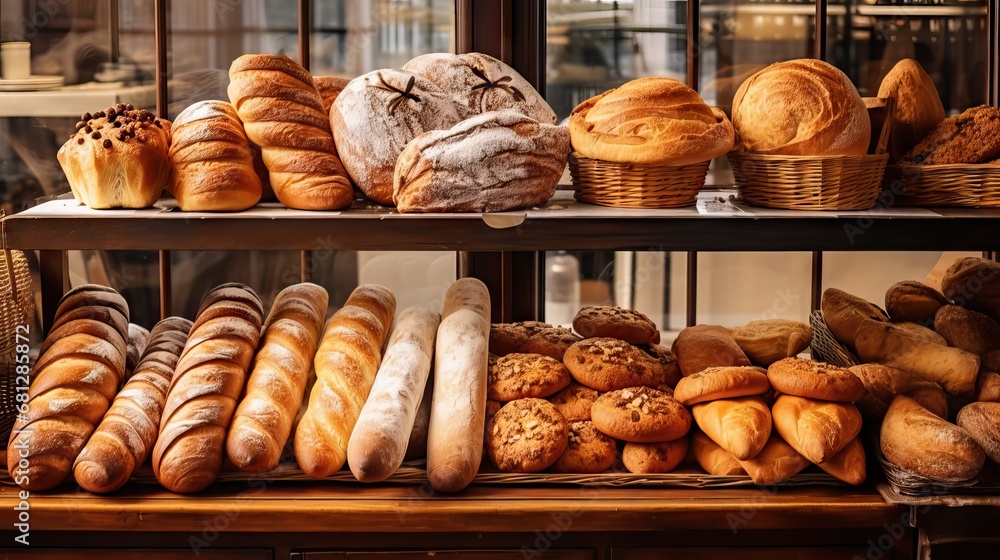 A bakery window display filled with delicious breads of all shapes and sizes, enticing passersby with its variety and appeal. Generative AI. A bakery window display filled with delicious breads of all shapes and sizes, enticing passersby with its variety and appeal. Generative AI.