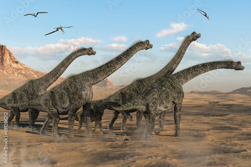 雄大な自然を歩くブラキオサウルスの群れ © iARTS_stock