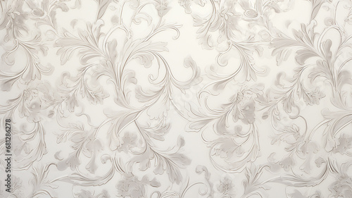 white delicate background with vintage floral wallpaper ornament on the wall copy space blank, gray luminous shades