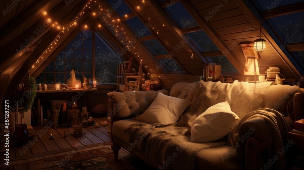 cozy attic decorated with fairy lights old trinkets and a comfortable armchair  AI generated illustration