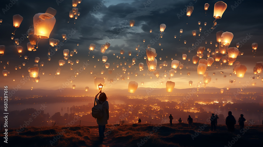 festival of Chinese burning lanterns in the night sky, silhouettes of people on the background of the holiday - obrazy, fototapety, plakaty 