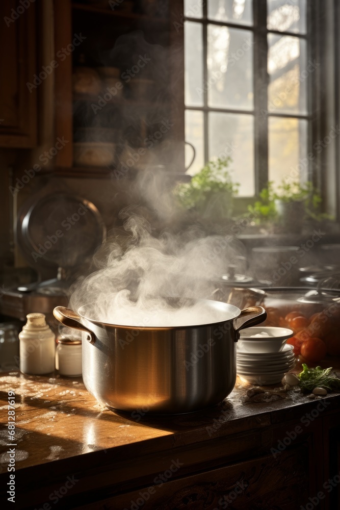 cozy kitchen with steam rising from a pot of stew AI generated illustration cozy kitchen with steam rising from a pot of stew AI generated illustration