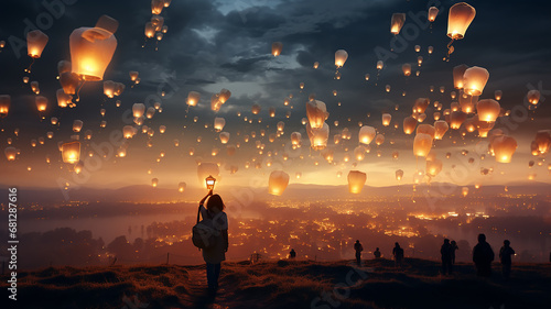 festival of Chinese burning lanterns in the night sky, silhouettes of people on the background of the holiday