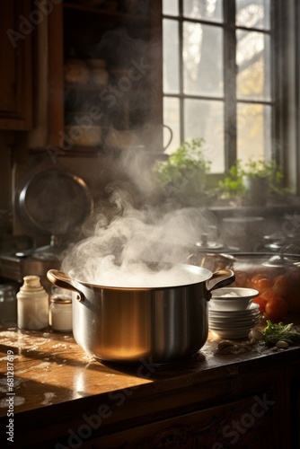 cozy kitchen with steam rising from a pot of stew AI generated illustration