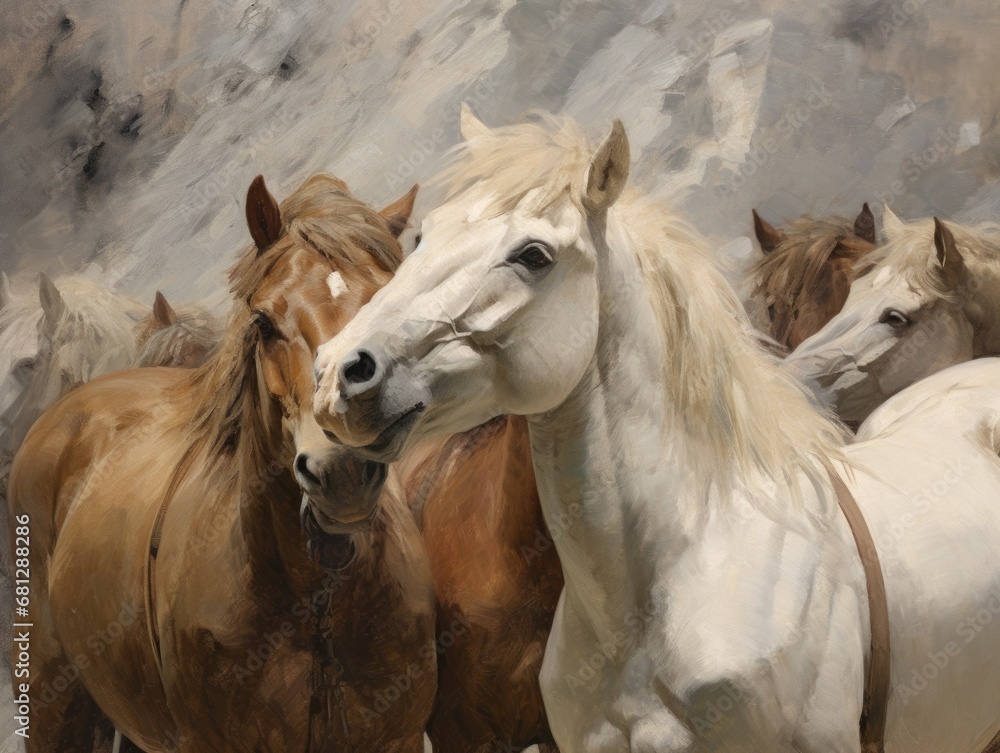 Fototapeta premium a herd of wild horses in a western-themed, horizontal format, photo illustration in JPG. Generative ai